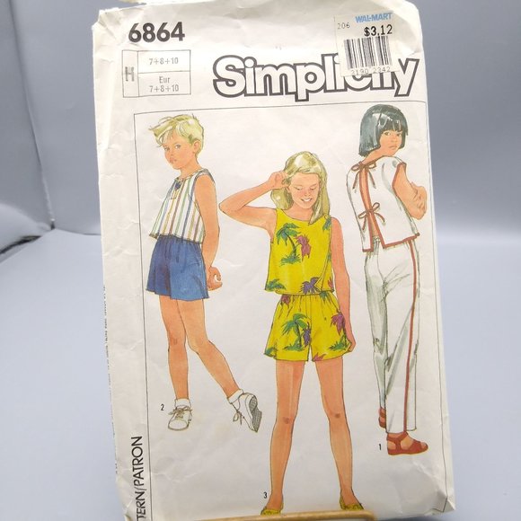 Vintage Sewing PATTERN Simplicity 6864, Girls Easy to Sew 1985 Tops and Pull On - Picture 1 of 2